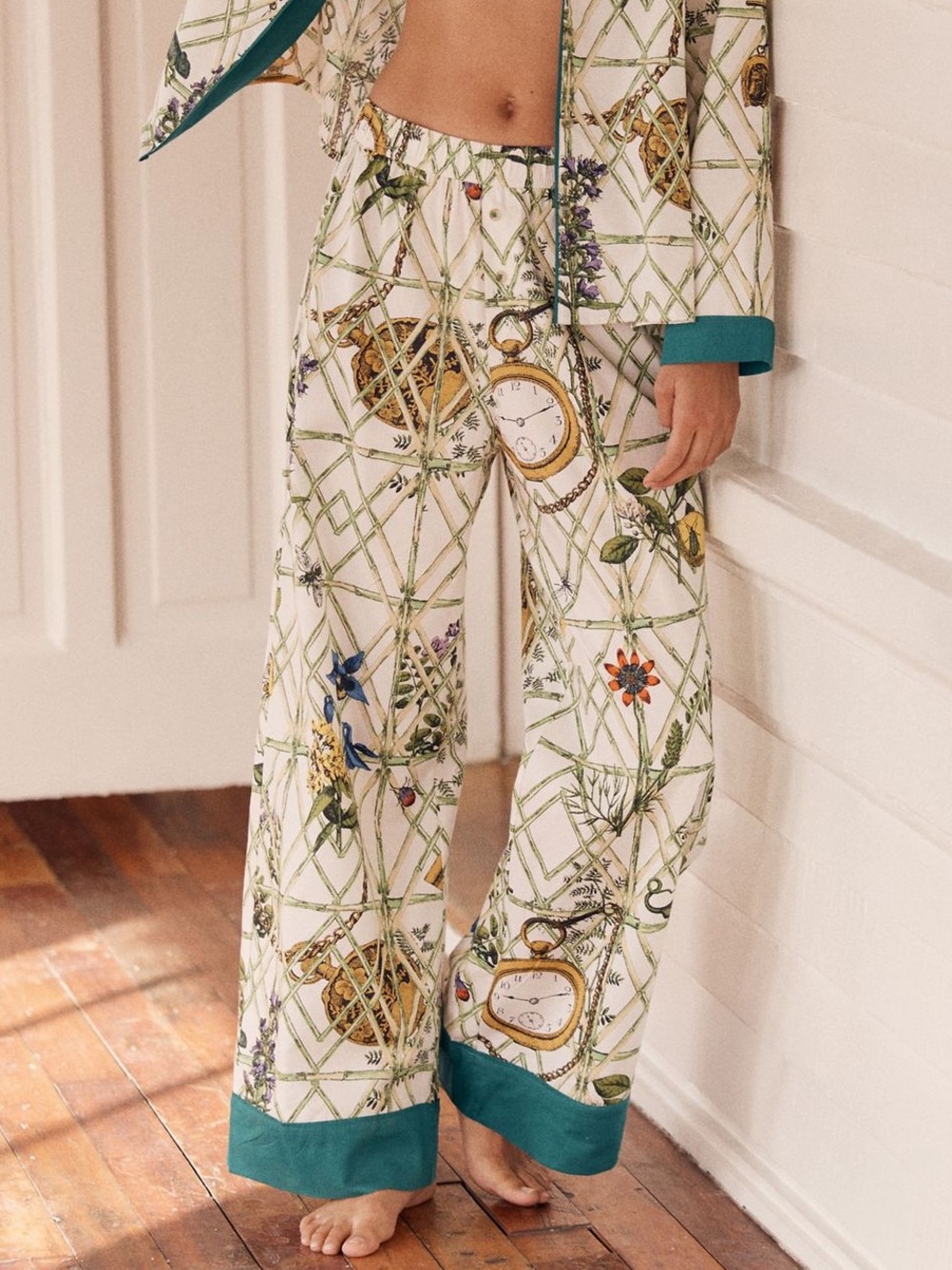 Anthropologie Flannel Pajama Bottoms LyreBird Cloud New Medium Clock Floral
